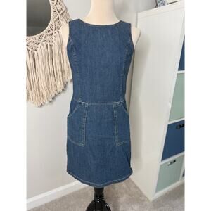 Vtg 90s Y2K Ann Taylor Jeans Denim Mini Dress Apron Pockets Contrast Stitching 4